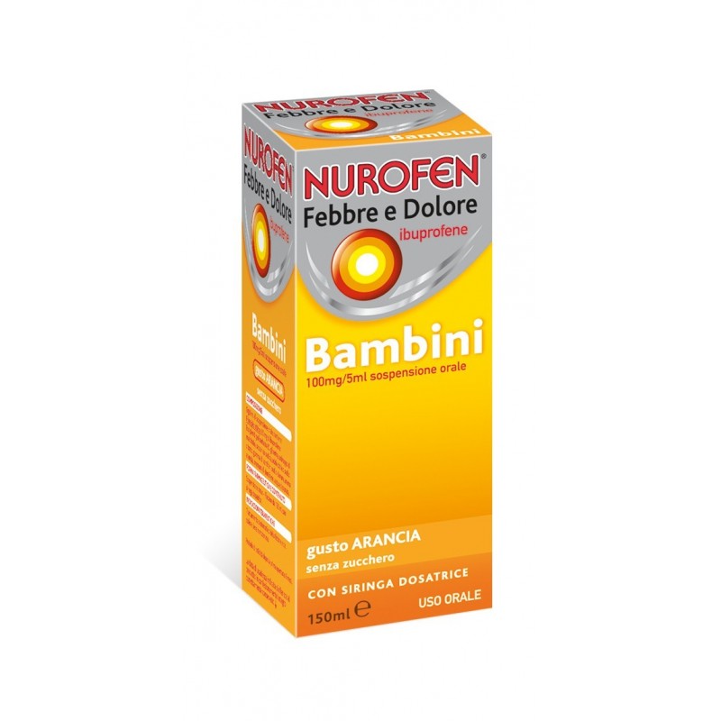 Nurofen Febbre e Dolore Sciroppo Bambini 100mg/5ml Ibuprofene Gusto Arancia Senza Zucchero 150 ml