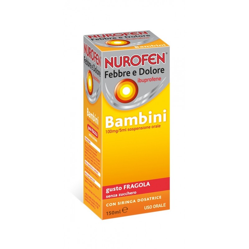 Nurofen Febbre e Dolore Sciroppo Bambini 100mg/5ml Gusto Fragola Senza Zucchero 150 ml Farmaco antinfiammatorio