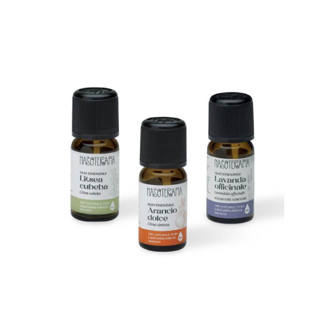 Nasoterapia Kit Un'essenza Per Stanza Dettaglio 3 Oli Essenziali Bio di Lavanda, Arancio Dolce e Litsea.