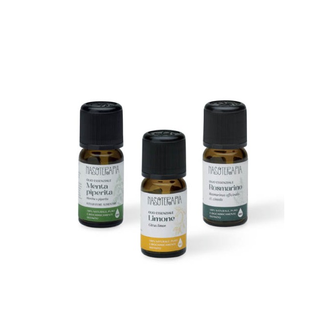 Nasoterapia Kit L'Essenziale Per Un Buon Lavoro Dettaglio 3 Oli Essenziali Bio di Limone, Menta Piperita e Eucalipto