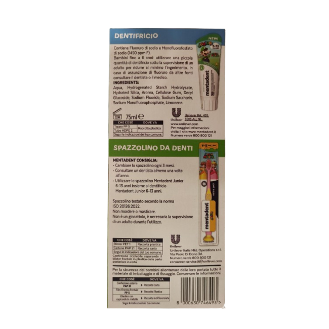 Mentadent Kit Junior 6-13 Anni con Spazzolino + Dentifricio Dettaglio Prodotti Super Mario Bros