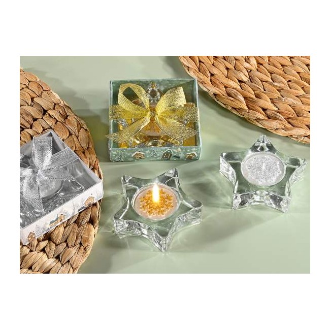 Porta Tealight in Vetro a Forma di Stella e Candela Tea Light Porta Tealight in Vetro a Forma di Stella e Candela Tea Light