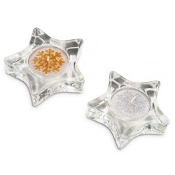 Dettaglio Porta Tealight in Vetro a Forma di Stella e Candela Dettaglio Porta Tealight in Vetro a Forma di Stella e Candela