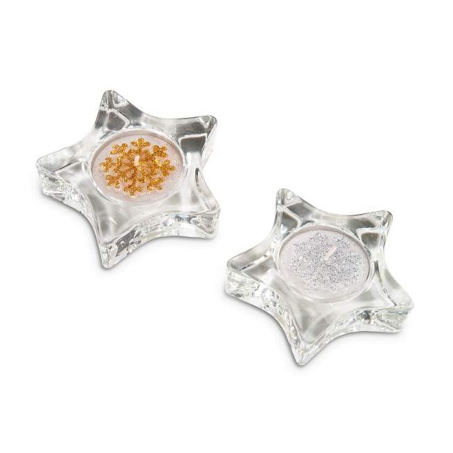 Dettaglio Porta Tealight in Vetro a Forma di Stella e Candela Dettaglio Porta Tealight in Vetro a Forma di Stella e Candela