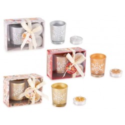Scatola Regalo con Portacandela in Vetro e 2 Tea Light Decorate Glitterate