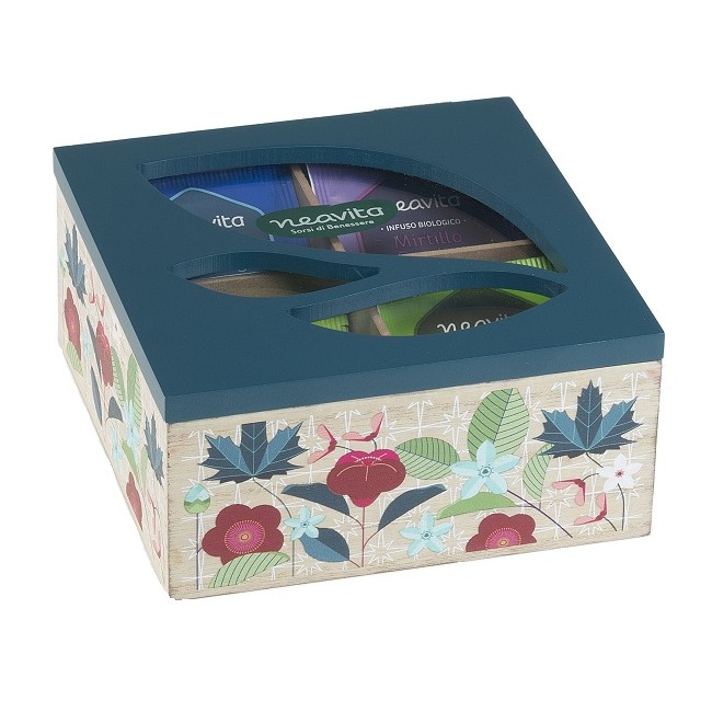 Herbal Product Neavita Tisane Collection Cofanetto in Legno Quadrato Azzurro con 20 Filtri Tisane Bio Assortite