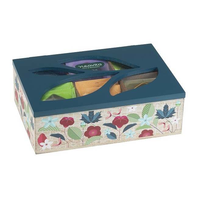 Herbal Product Neavita Tisane Collection Cofanetto in Legno Quadrato Azzurro con 30 Filtri Tisane Bio Assortite