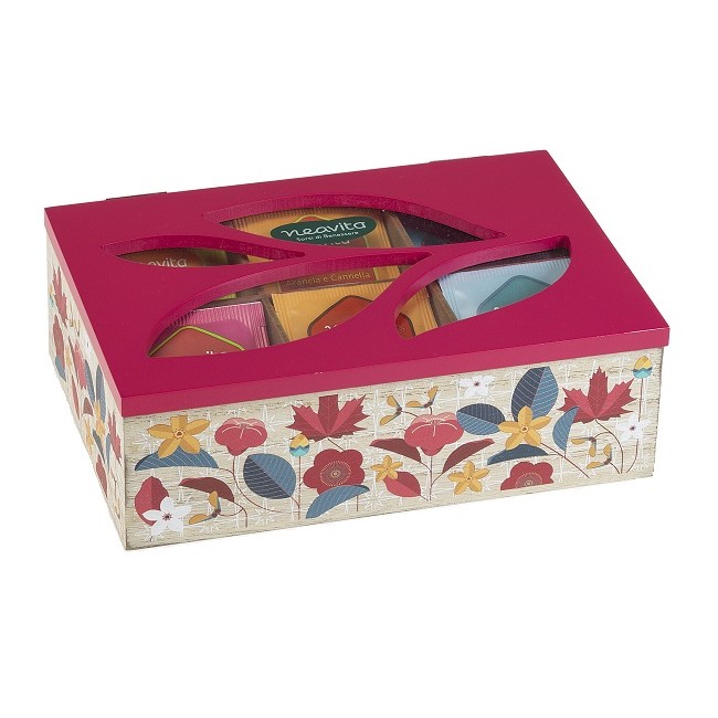Herbal Product Neavita Tisane Collection Cofanetto in Legno Quadrato Rosso con 30 Filtri Tisane Bio Assortite