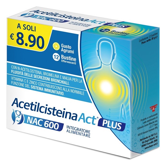Acetilcisteina Act Plus 600 mg N-Acetilcisteina 12 Bustine Effervescenti Gusto Agrumi