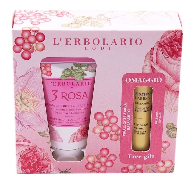 L'Erbolario 3 Rosa Cofanetto Regalo con Crema Nutriente Mani 75 ml + Proteggi Labbra Balsamico