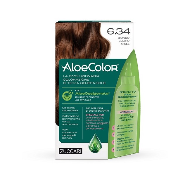 Zuccari Aloecolor 6,34 Biondo Scuro Miele Tinta Permanente Capelli Colore Ad Alta Pigmentazione 50 Ml + Rivelatore Aloeossigenat