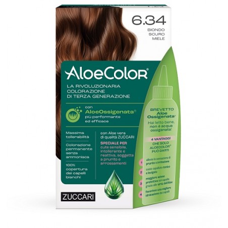 Zuccari Aloecolor 6,34 Biondo Scuro Miele Tinta Permanente Capelli Colore Ad Alta Pigmentazione 50 Ml + Rivelatore Aloeossigenat