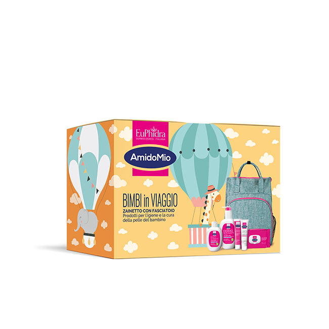 Cofanetto Regalo Amidomio Bimbi In Viaggio 2025 Zainetto Fasciatoio e 5 Prodotti per l'igiene del Neonato