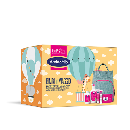 Cofanetto Regalo Amidomio Bimbi In Viaggio 2025 Zainetto Fasciatoio e 5 Prodotti per l'igiene del Neonato